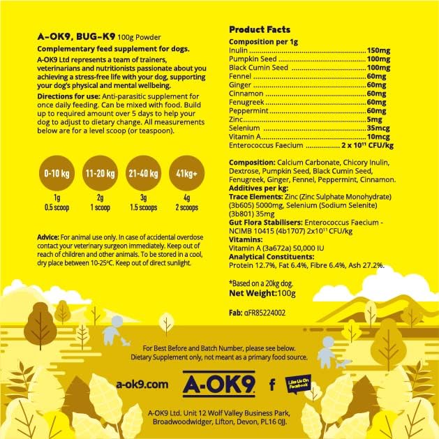 A-OK9 Bug-K9 | Parasite Prevention Supplement for Dogs | Works Against Flea & Worming | All-natural Treatment | Superfood Ingredients | All Ages and Breeds | Dog & Puppy Wormer | Absolute Dogs
