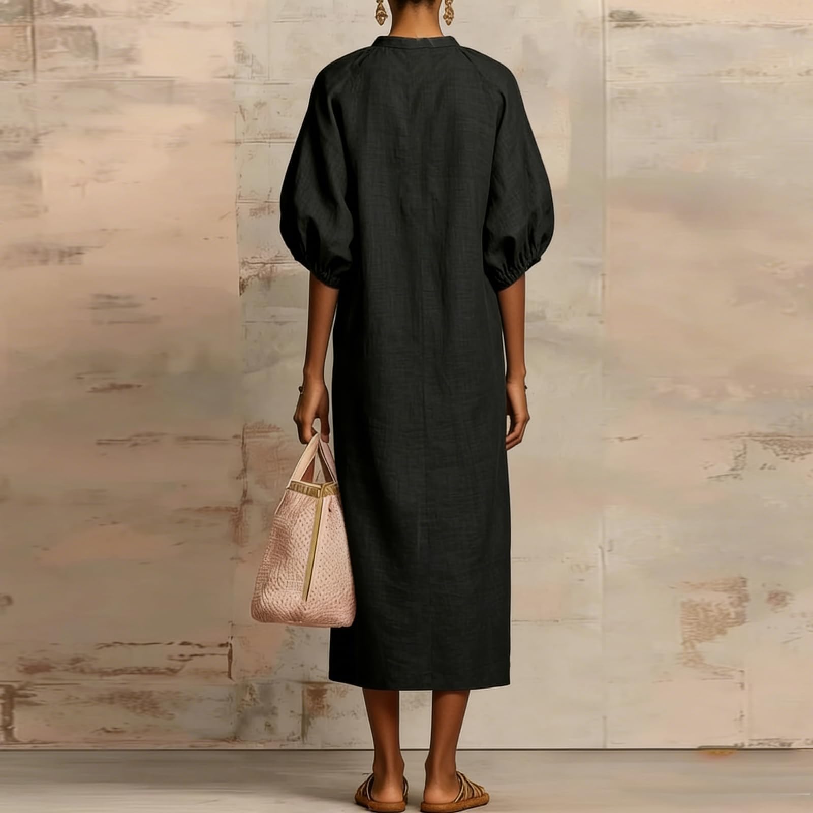 Abito Midi dalla vestibilità Ampia con Collo Diviso e Maniche a Sbuffo | Abito primavera-estate casual ampio con scollo a V e abito da vacanza casual con tasche
