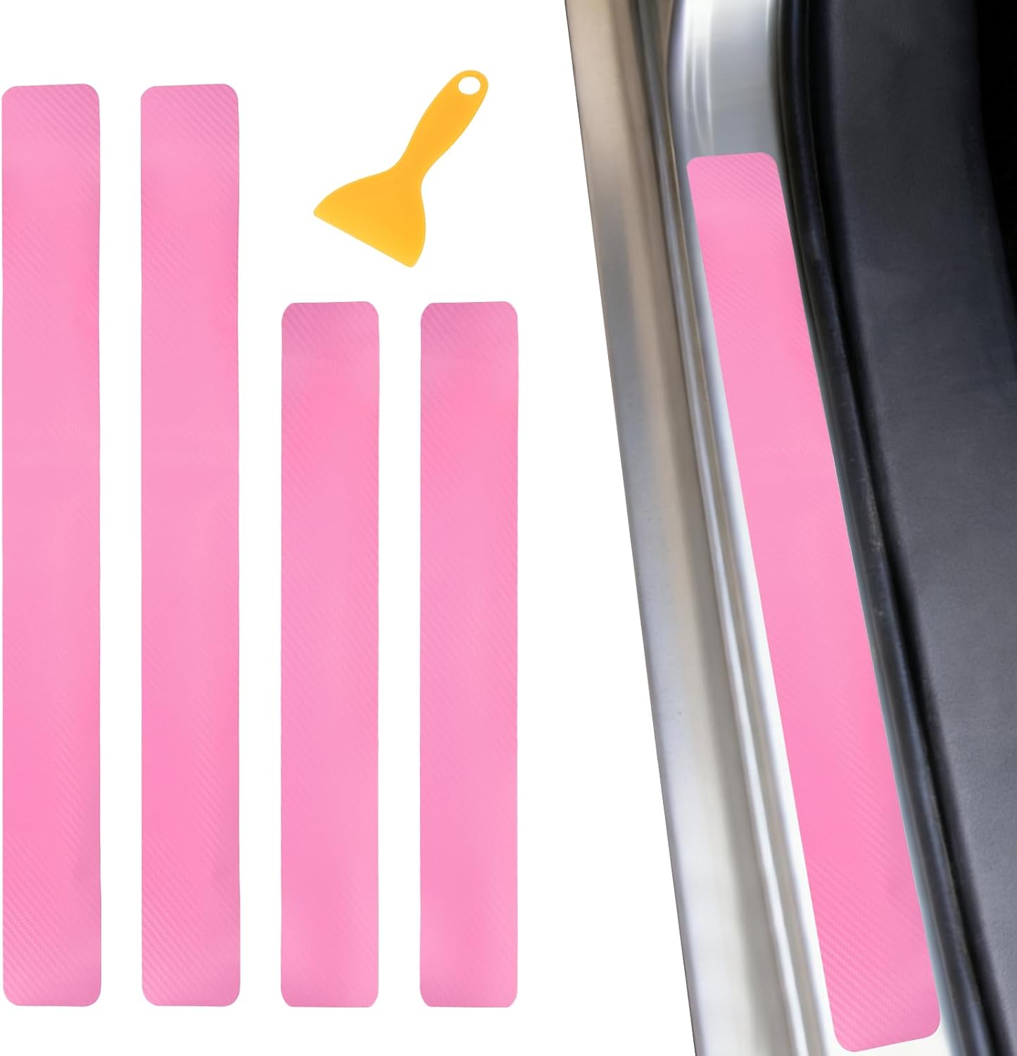PATIKIL 400/600mm Car Door Sill Plate Protectors, 4Pcs Carbon Fiber Door Edge Step Dust Shield Cover Universal Vehicle Scratch Protection with Scrapers for Cars Trucks RV SUV, Pink