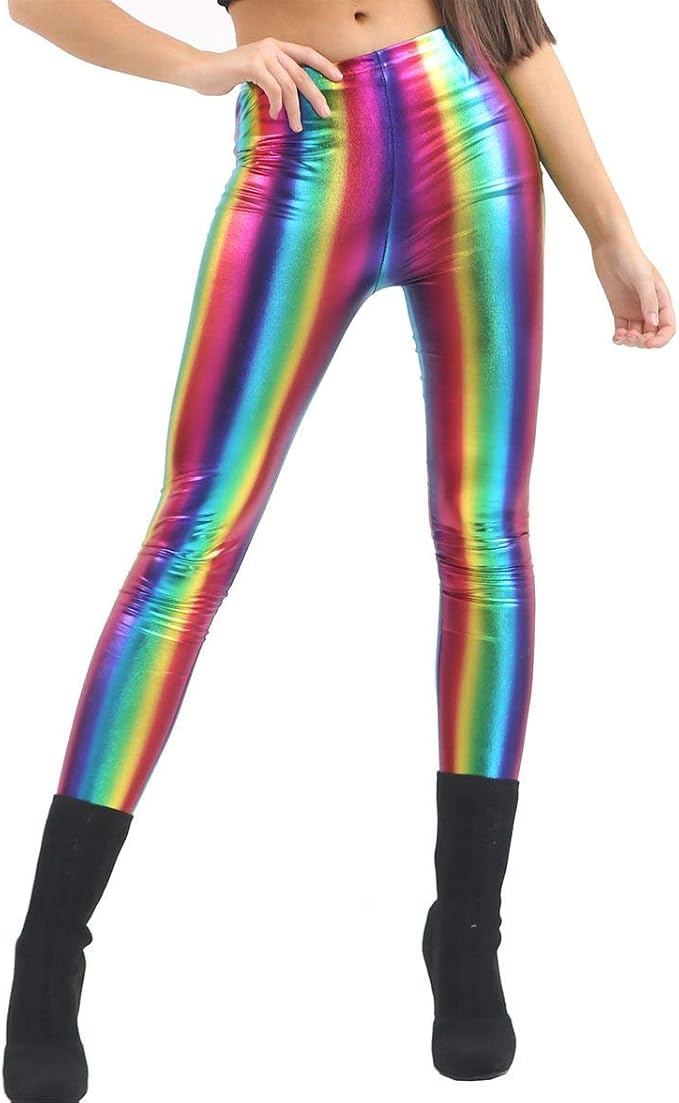 FashioN HuB Womens Rainbow Metallic Shinny Leggings Girls Fancy Full