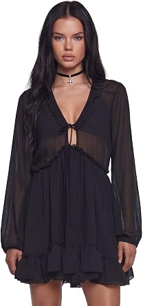 Dolls Kill Sunset Chaser Babydoll Dress by Current Mood Womens Sheer Chiffon Ruffle Long Sleeve Mini Dress