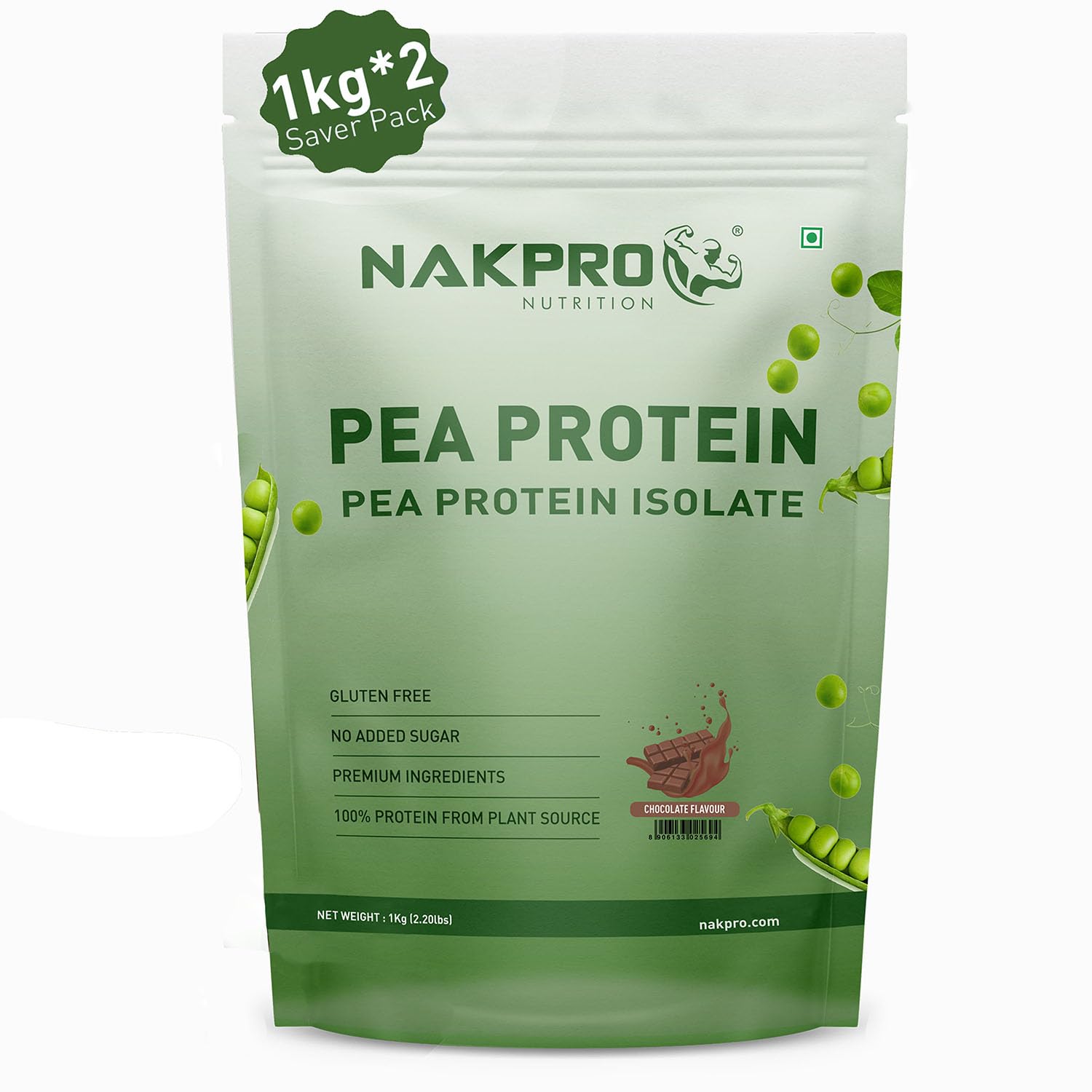 NAKPRO 100% Pea Protein Isolate, Chocolate - 2kg (1kg*2) | 26g Protein, 4.9g BCAA | Natural Vegan Plant Protein Powder | Easy to Digest | All Essential Amino Acids for Muscle Gain and Recovery