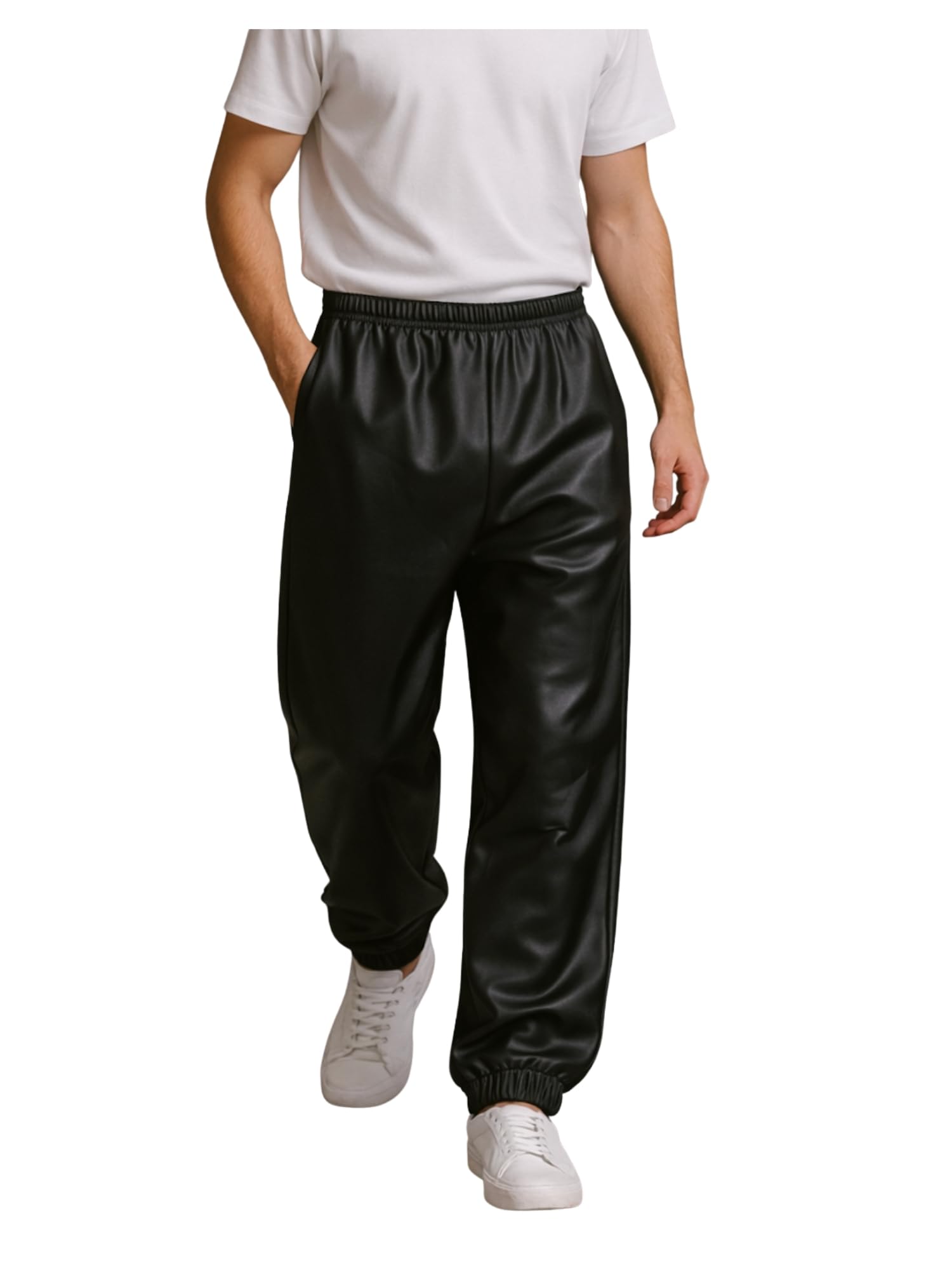raxedo Men’s Luxe Vegan Leather Joggers | Relaxed Fit with Elastic Waist | Stylish Casual & Travel Wear Bottoms-picture-20