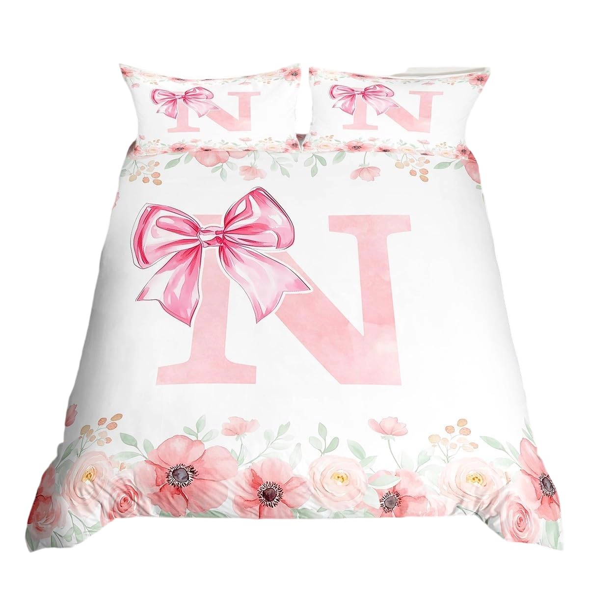 Initial Letter N Duvet Cover Single For Women Teen Girls Pink Alphabet Kids Bedding Sets Romantic Dreamy Bowknot Comforter Cover Spring Fresh Style Bed Set 2 Pieces