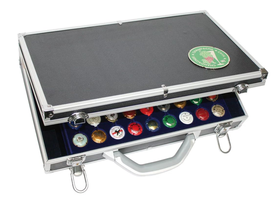 SAFE 271 Coffret de collection pour muselets de champagne – Boîte de rangement élégante pour 270 muselets, avec 5 plateaux en velours bleu roi, fermetures sécurisées & coins renforcés – 410x270x85 mm