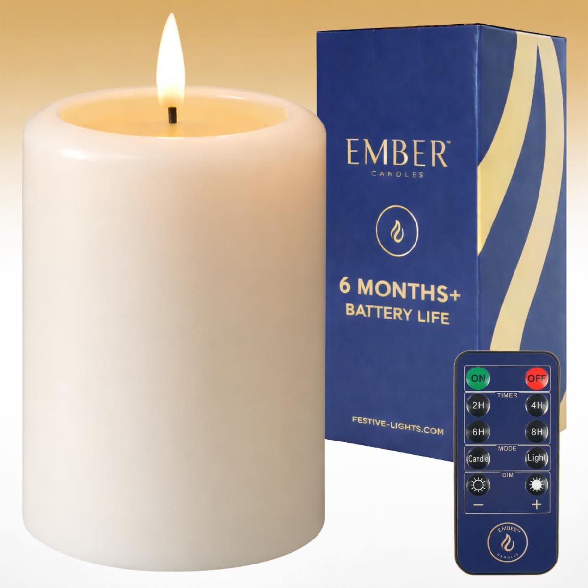 Ember Candles™ 15cm Chapel Pillar Ivory LED Flickering Battery Candle – 100% Real Wax, Ultra-Realistic, Flameless, Hand-Poured Design, 6 Hour Timer for Safe Indoor Use (with Remote Control)