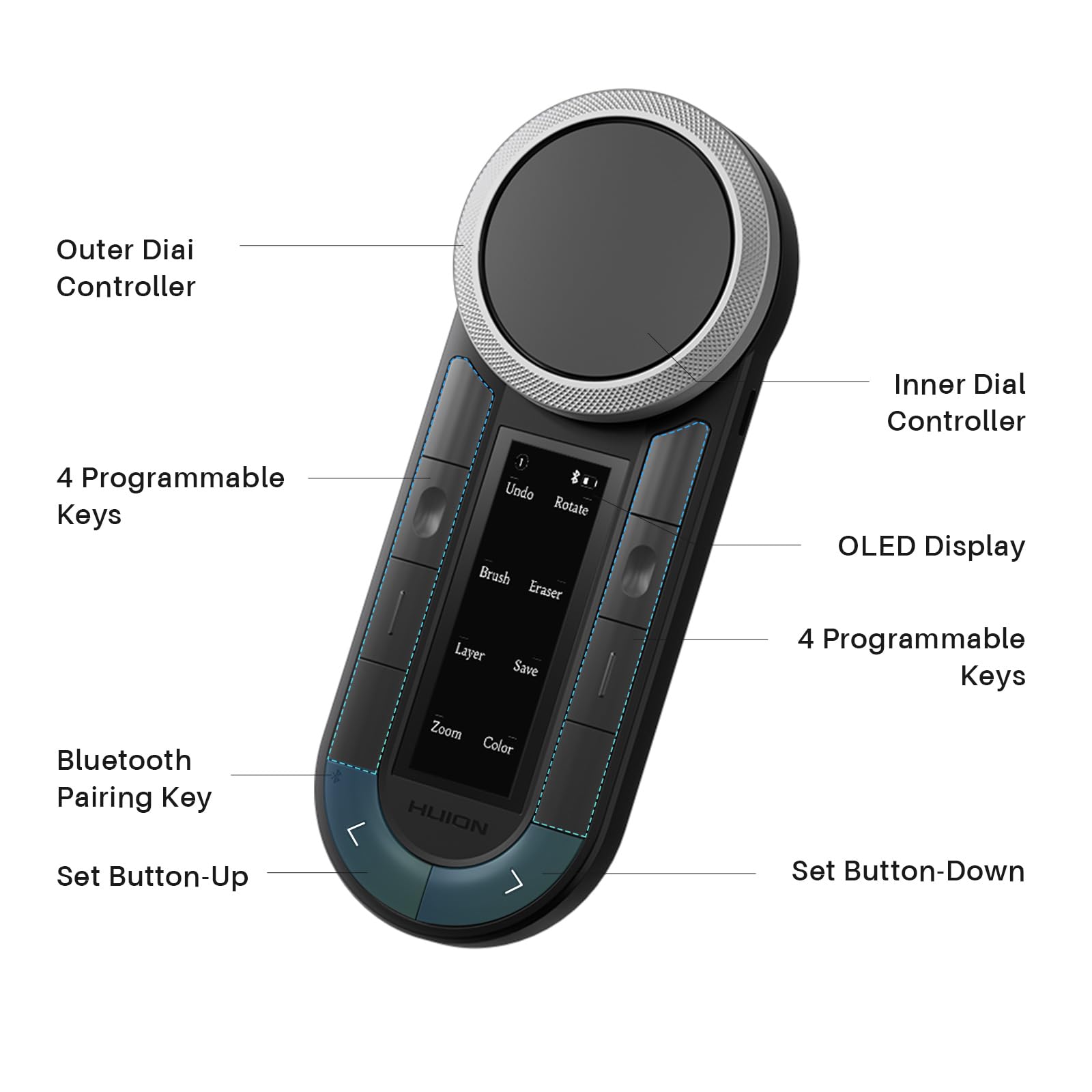 HUION Keydial Mini K40 Express Keys Remote Keyboard - Bluetooth 5.0, 10 anpassbare Tasten, Dual Dial Controller, OLED Display für Stift-Display, Zeichentablett, PC, Smartphone, Laptop, Mac