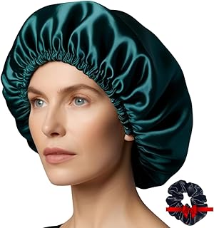 Satin Sleep Bonnet for Women Slouchy Beanie Style Cap for Natural and Curly Hair with Bonus Scrunchie green, One Size
