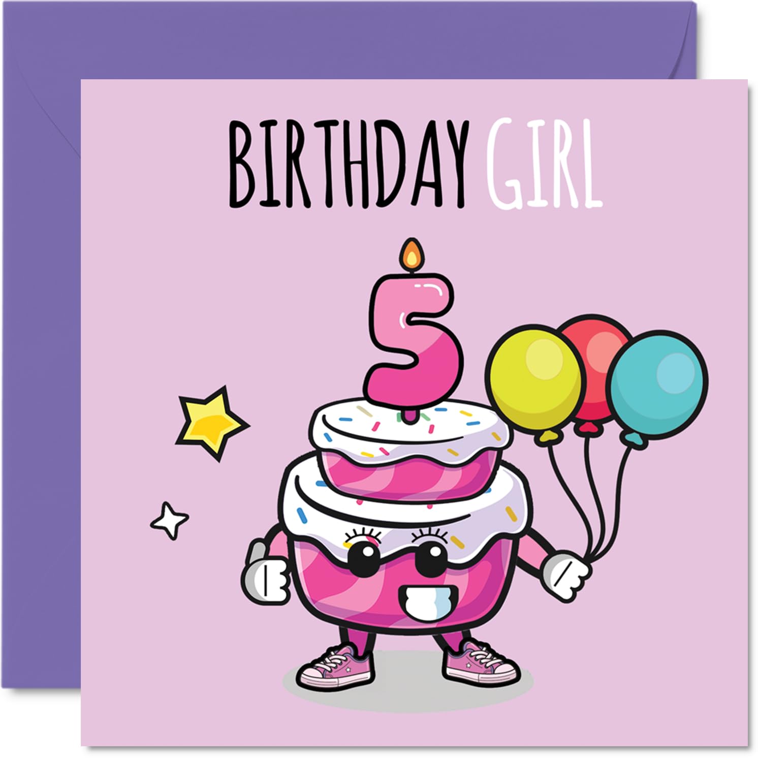 5th Birthday Cards for Girls - Birthday Cake Girl Balloons - Happy Birthday Card for 5 Year Old Girl Sister Step Daughter Niece Granddaughter, 145mm Bday Greeting Cards