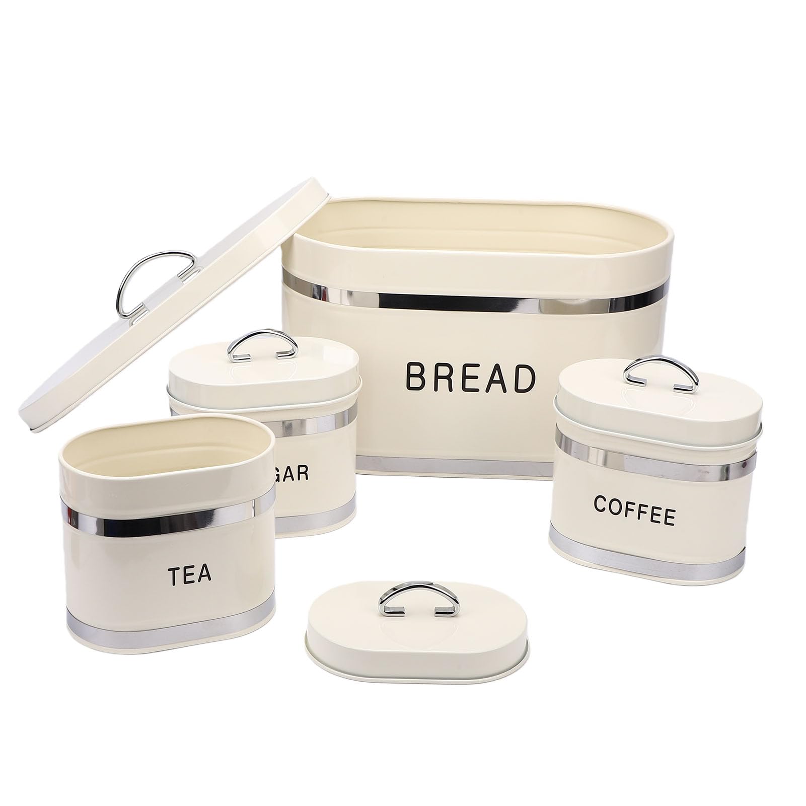 Fockety Küchenkanister für die Arbeitsplatte, Set mit 4 Luftdichten Mehl- und Zuckerbehältern mit Deckel, Bauernhaus-Lebensmittelaufbewahrungsbehälter für Mehl, Zucker, Kaffee, Tee (WHITE)