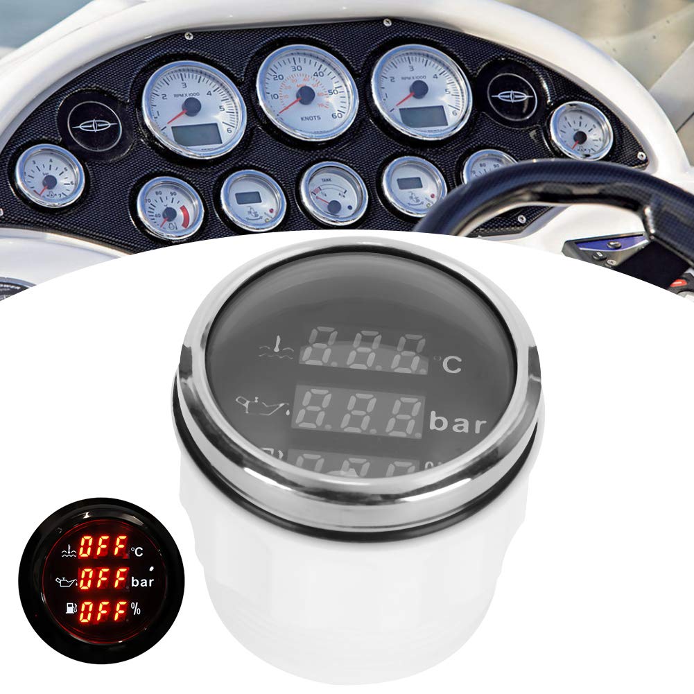 Indicatore Multifunzione 3 in 1 Indicatore Digitale Temperatura Dell'acqua di Raffreddamento Pressione Dell'olio Volume Dell'olio 52MM con Funzione di Allarme Per Car Boat RV(Piastra frontale nera)