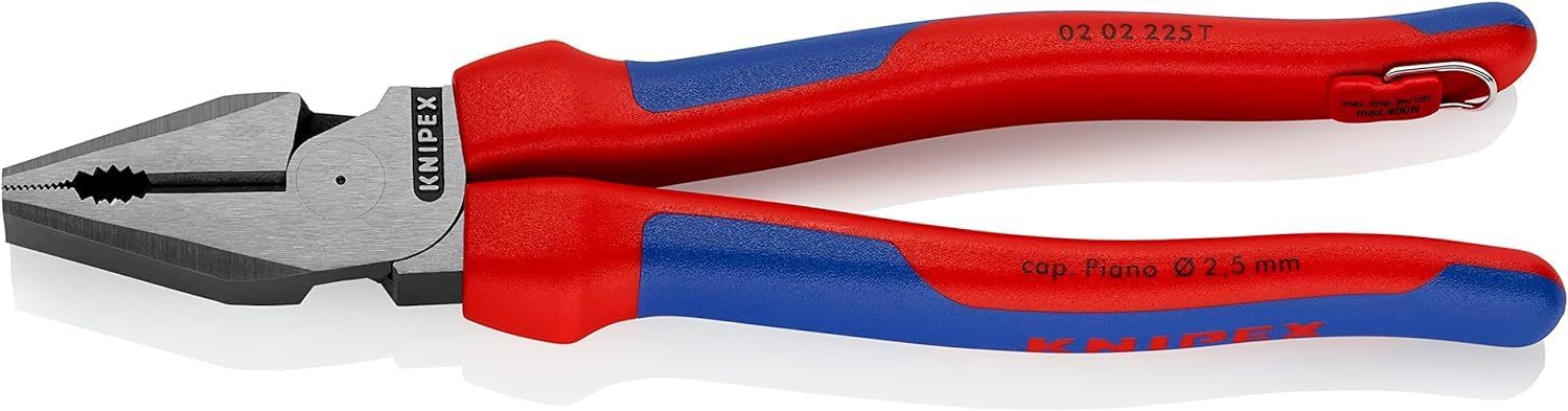 KNIPEX 02 02 225 T High Leverage Combination Pliers with Multi-Component Grips, with Integrated Tether Attachment Point for a Tool Tether Black atramentized 225 mm