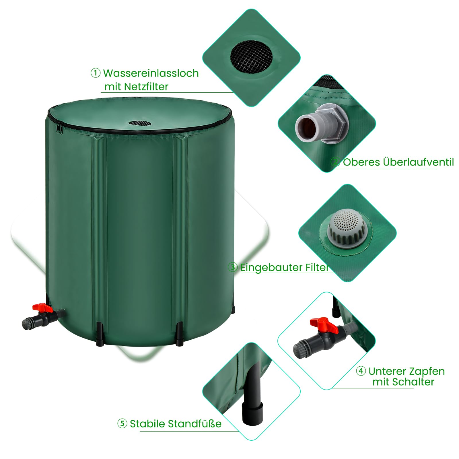 RELAX4LIFE Sistema de recolección de Agua Plegable con Tapa, Grifo y válvula de Drenaje, contenedor de recolección de Agua portátil con Filtro de Malla para riego de Flores, Lavado de Autos (200L)