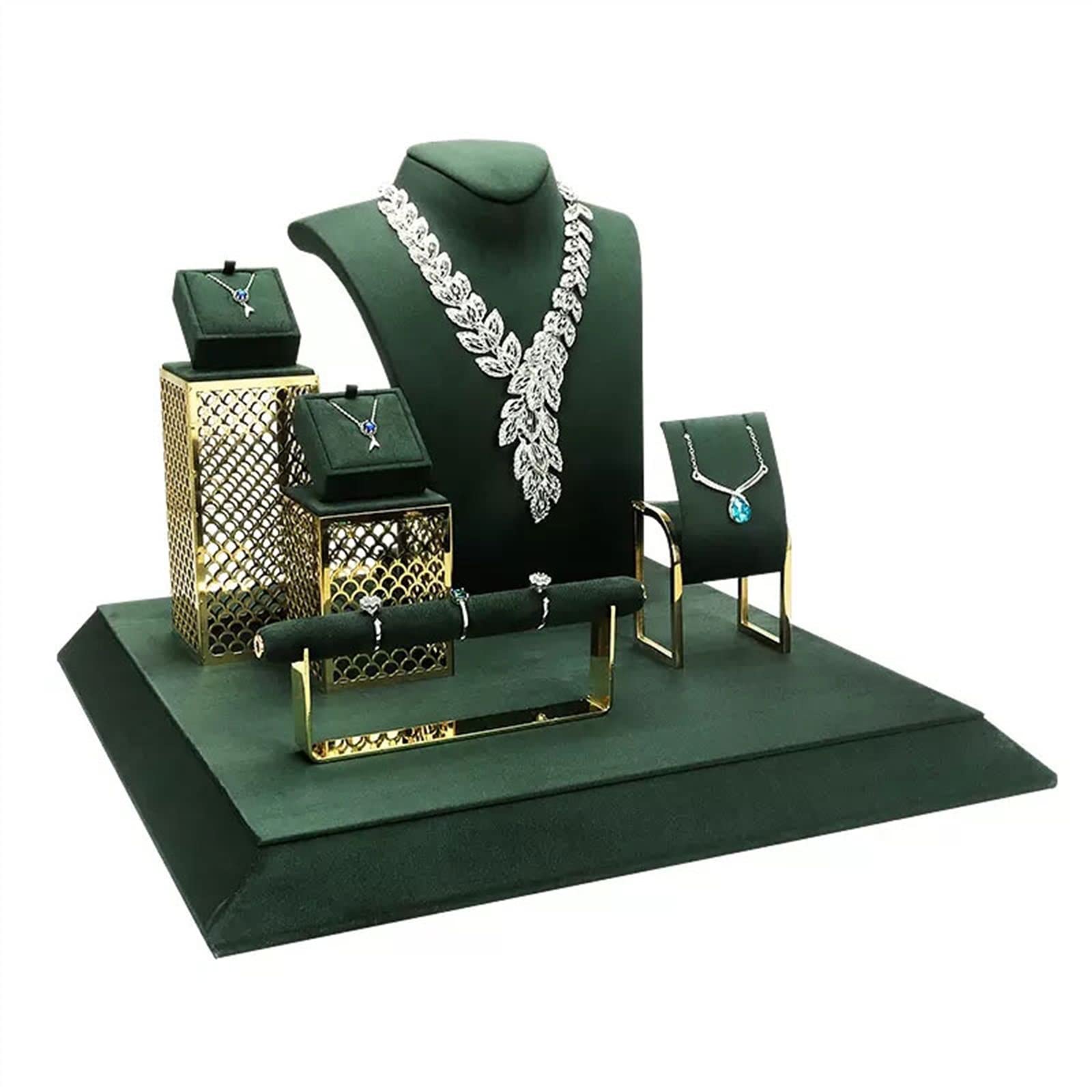 Espositore per gioielli Espositore per manichini per gioielli Espositore per orecchini e collane in velluto verde Espositore per gioielli Busto per mani Organizzatore per esposizione e vendita di