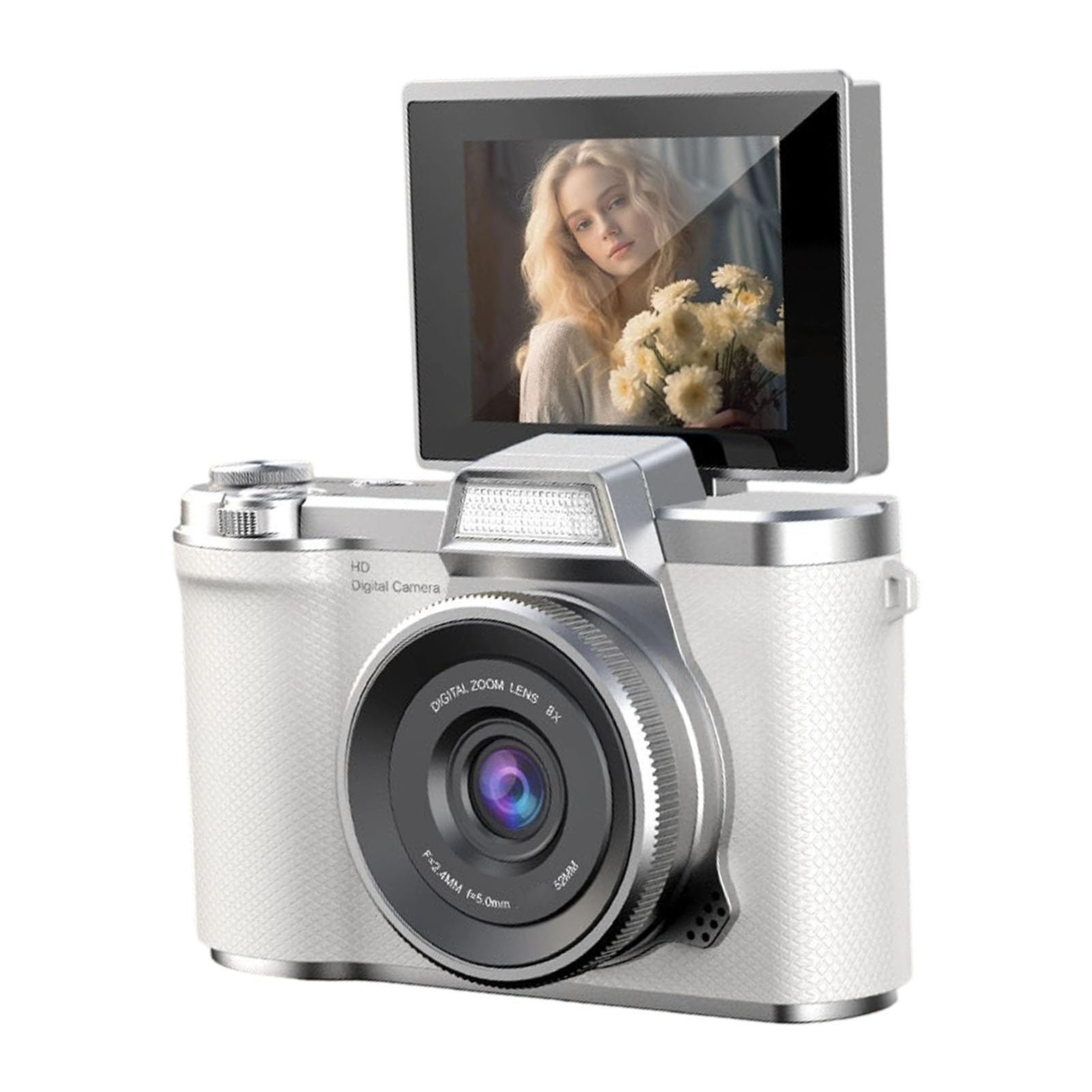 Fockety Fotocamera Digitale per Fotografia, Fotocamera Mirrorless da 48MP con Zoom 8X 1080P con Schermo Flip da 2,4" a 180° Flash per Vlogging con Messa a Fuoco Automatica, (WHITE)