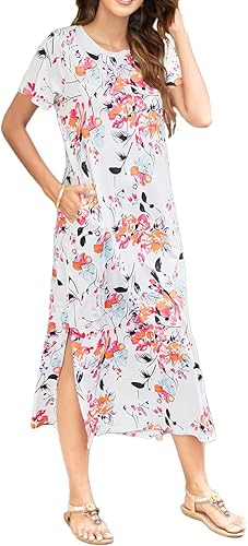 Naggoo - Vestido largo para mujer, manga corta, estilo informal, con corte lateral, de teñido anudado, con bolsillos