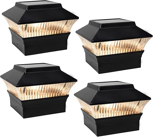 Luces solares para tapa de poste (paquete de 4) – LED blanco cálido de 25 lúmenes, se adapta a 3.5 x 3.5 pulgadas y 4 x 4 pulgadas de madera/vinilo