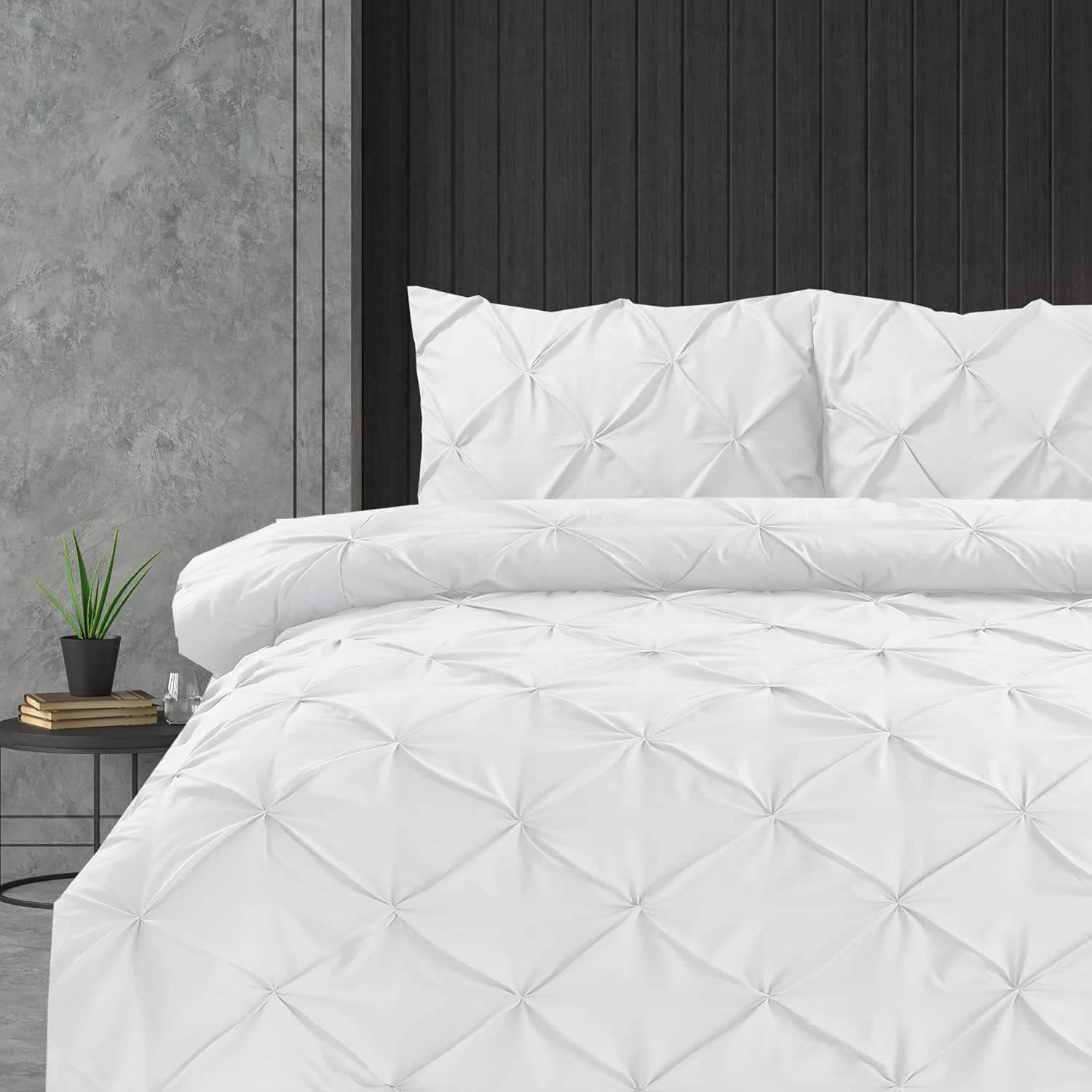 Linen Home Pintuck Duvet Set White Super King Pinch Pleat Soft Microfibre SuperKing Bed Quilt Cover with 2 Pillowcases, Easy Care Wrinkle Free Bedding Set of 3 Pcs (White, Super King Duvet Cover Set)