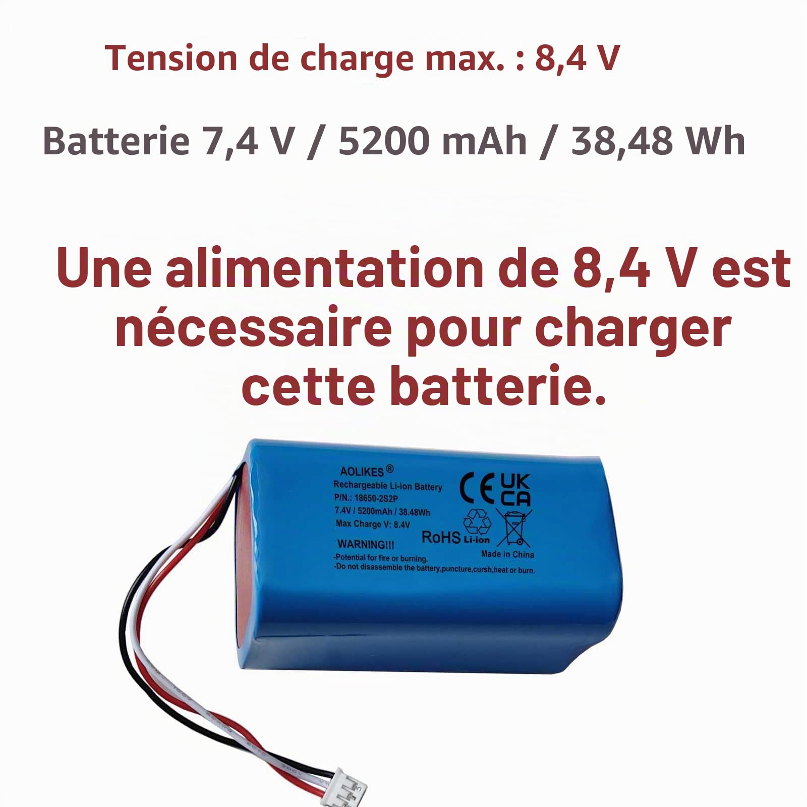 AOLIKES Batterie lithium-ion rechargeable 18650 2s2p 5200 mAh 7,4 V avec connecteur PH2.0/3P / cellules 5C / prend en charge la charge rapide