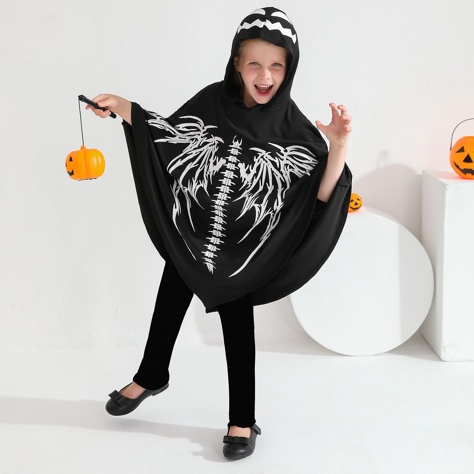ESHOO Kids Halloween Skeleton Cloak Toddlers Glow in Dark Hooded Cloak Halloween Wings Poncho Cape Cosplay Role Play - Image 4