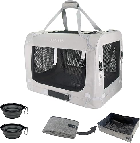 Vista 17 de Transportador para gatos extra grande, de lado suave, portátil para 2 gatos, 24 x 16.5 x 16.5 pulgadas, plegable, diseño cómodo con cuenco, gris