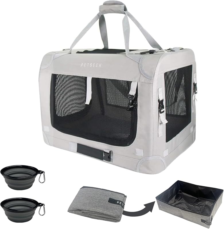 Bolsa de Transporte Extra Extra Grande para Gatos Petseek com Caixa de Areia e 2 Tigelas, Dobrável, Cinza