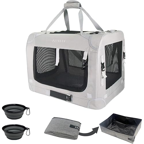 Extra Extra Large Cat Carrier Soft Sided, Portable Small Dog Carrier for 2 Cats, 24"x16.5"x16" Car Travel Folding Comfortable Design with Litter Box and Bowls, Grey+ Litter Box+ Bowl*2