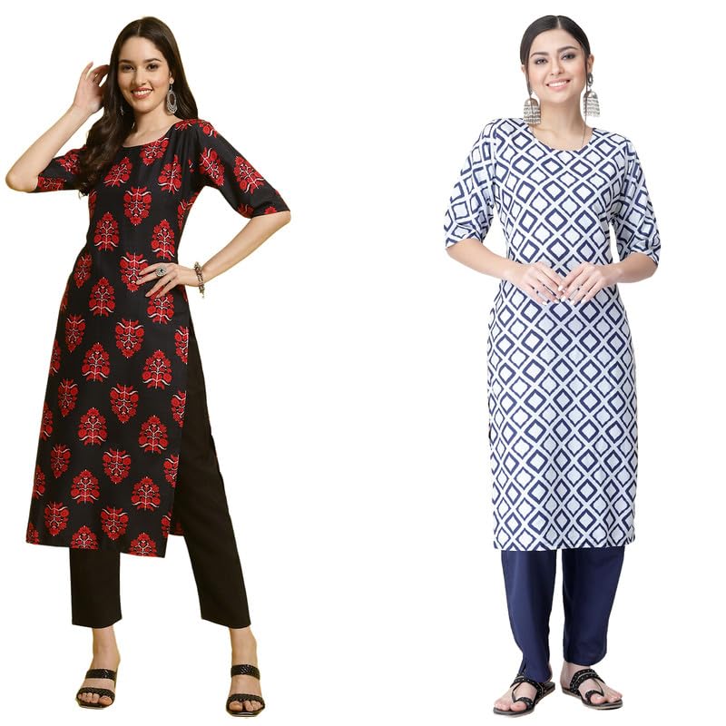 Pinkmint Straight Printed Kurti Party Wera Kurti Kurta Pant Set (Pack Of 2) Green-Blue