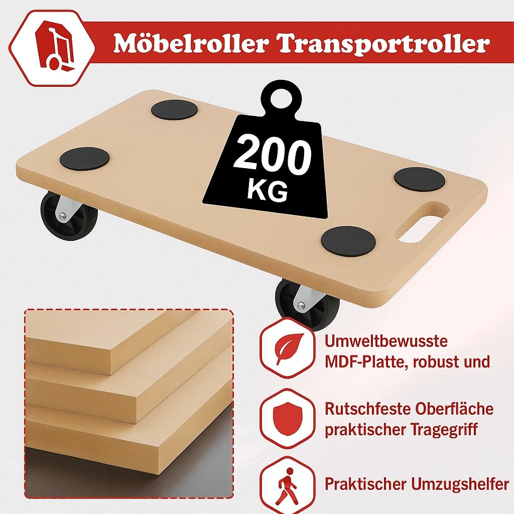 SCHEPERS (6 Stück) SWV 400031 Rollbrett Transportrolle Möbelroller Roller | MDF, PP | max. 200kg | 58 x 30 x 12 cm