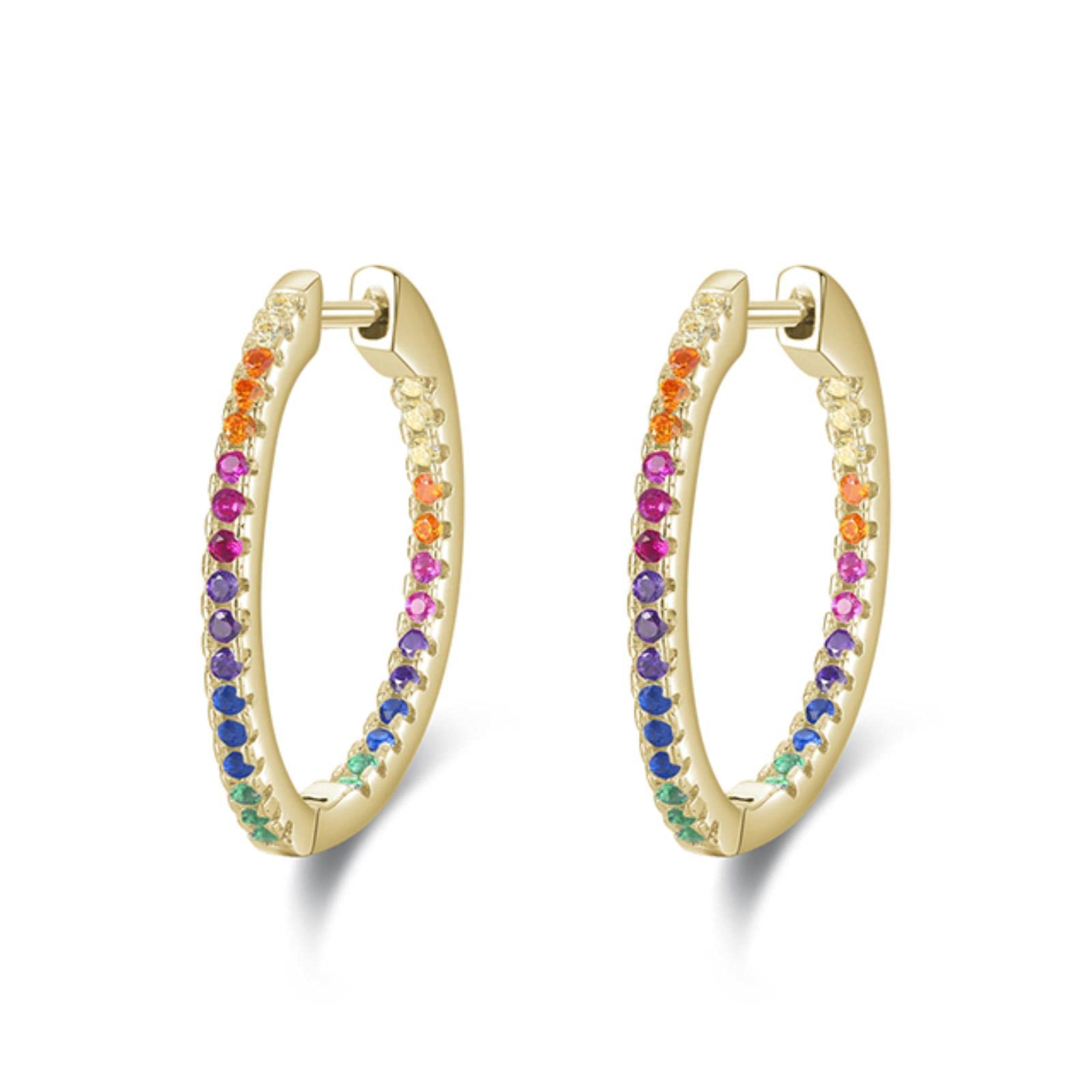 Lokiloki Women's Rhe721g Rainbow Color Sparkling Earrings Real 925 Sterling Silver Circle Zirconia Hoop Earrings For Luxury Wedding Jewelry