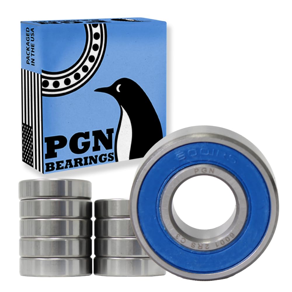 PGN (50 Pack) 6001-2RS Bearing - Lubricated Chrome Steel Sealed Ball Bearing - 12x28x8mm Bearings with Rubber Seal & High RPM Support