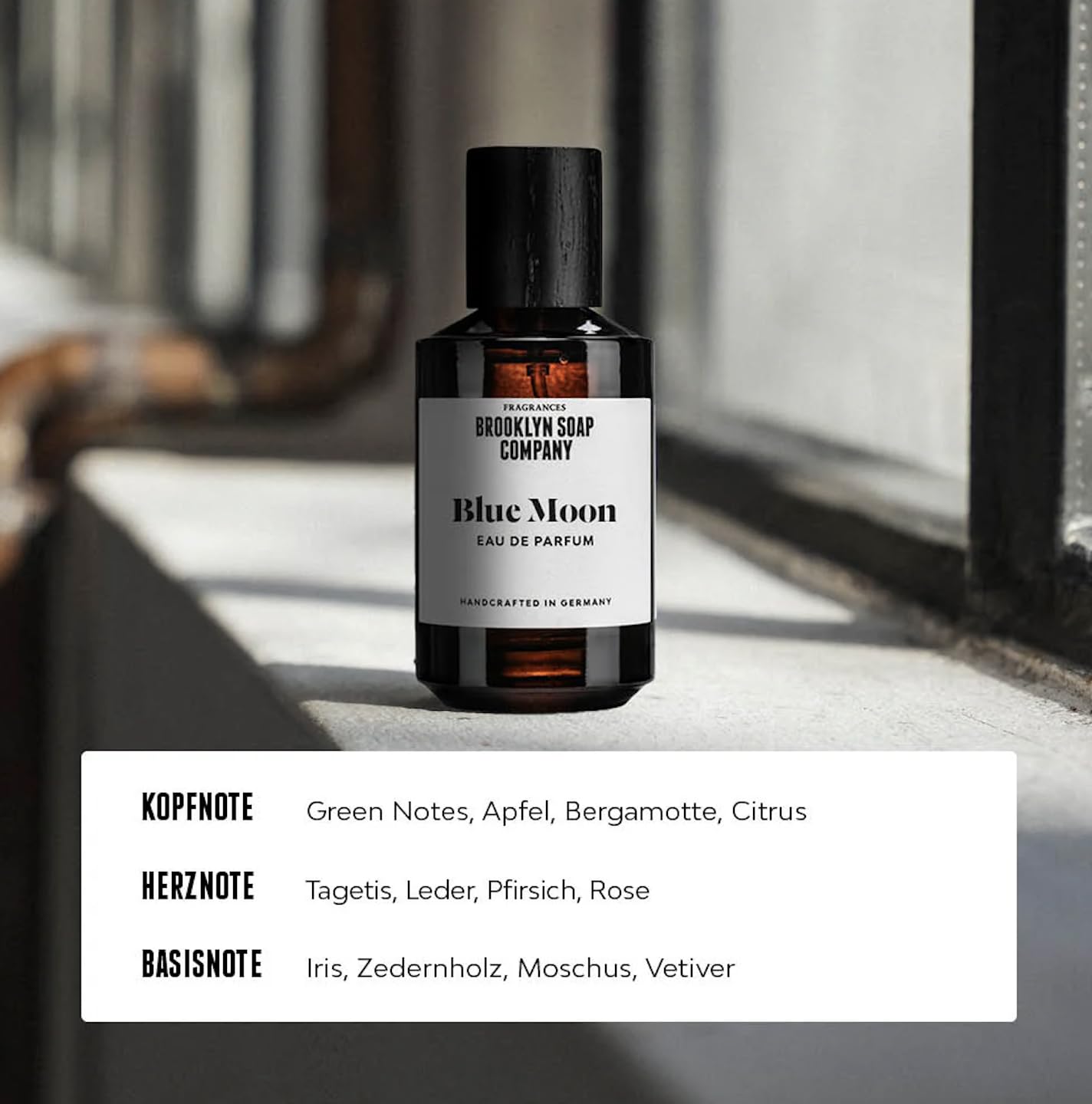 Blue Moon (50ml) · Brooklyn Soap Company · Fruchtig-frisches Eau de Parfum · Mit Apfel, Bergamotte, Leder & Zedernholz · Langanhaltender Herrenduft
