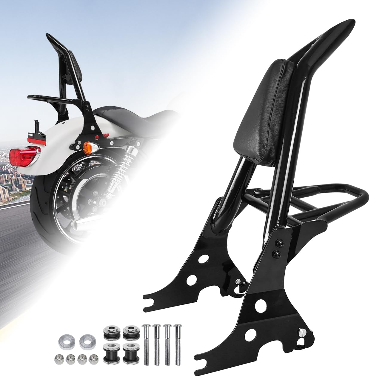 motorcycle detachable rear passenger backrest sissy bar with luggage rack and rotary docking latches clips compatible with for 2004-2023 sportster xl 883 1200