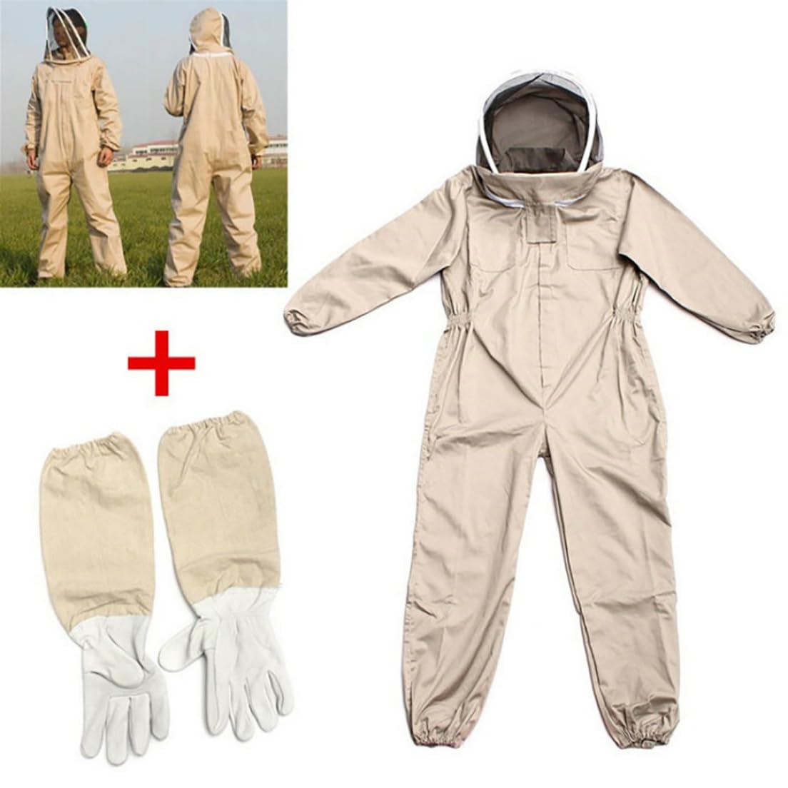 Traje de apicultura, equipo de apicultor, protección de cuerpo completo, guantes de velo para principiantes comerciales, beige, XL