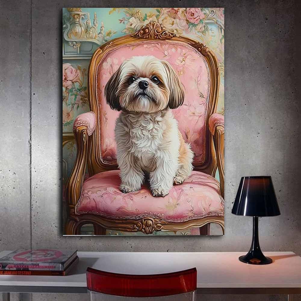 QUSAAOU Shih Tzu wydruki ścienne na krześle vintage różowe malowidła, plakaty wydruki nowoczesne odpowiednie do sypialni salonów kuchni, mebli, biura wystrój domu (biały) - 70 x 100 cm 1 oprawione