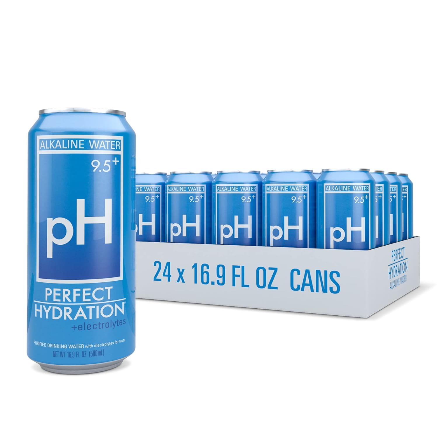 Perfect Hydration 9.5+ ph Alkaline Water, Electrolyte Minerals for Taste, Made in the USA, 16.9 oz Recyclable Aluminum Cans, Pack of 24