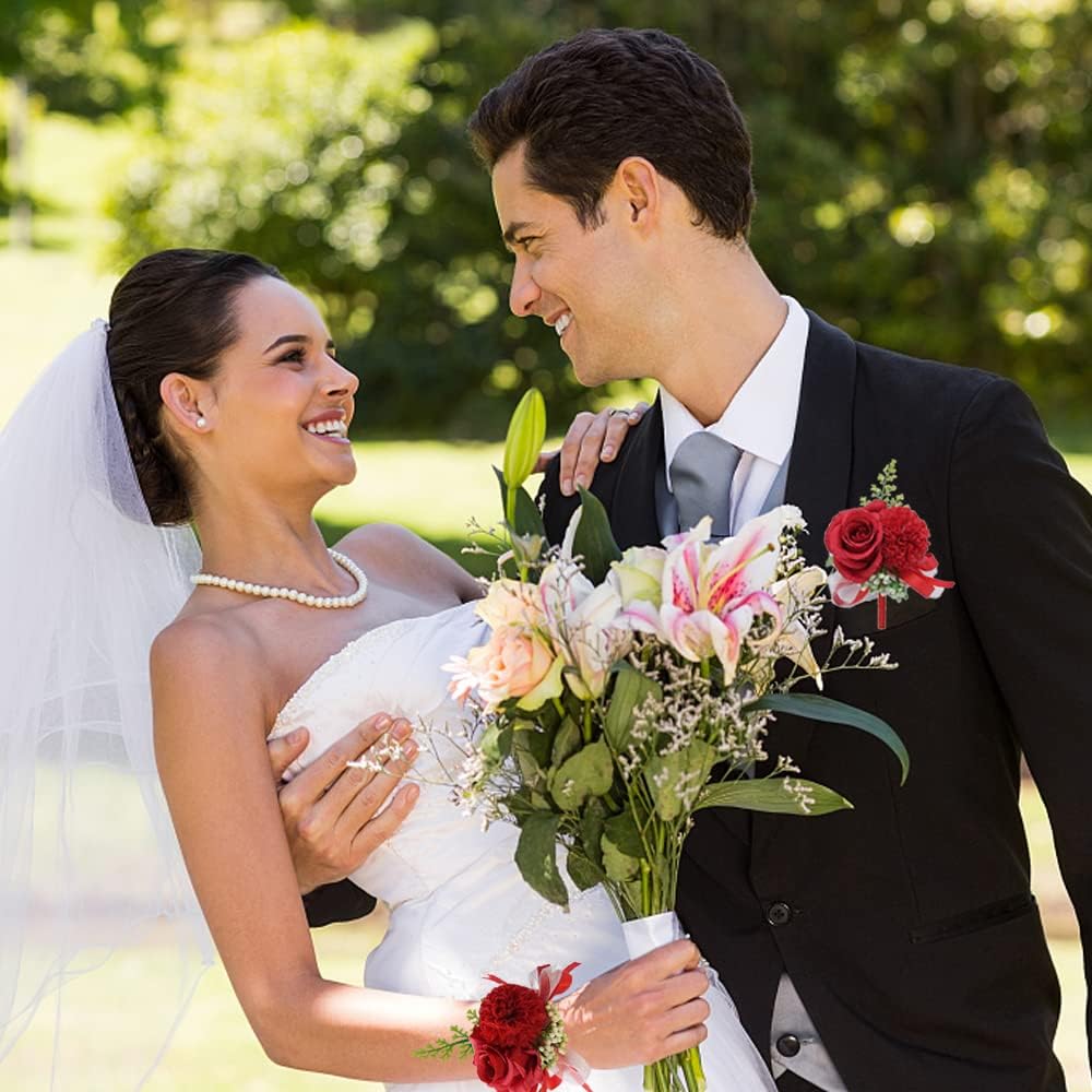 Wrist Corsage and Boutonniere Set for Bride Groom Bridesmaids Groomsmen Wedding Homecoming Flowers Prom Suit Accessories, Rose Boutonniere and Corsage Wristlet Flower - Image 4