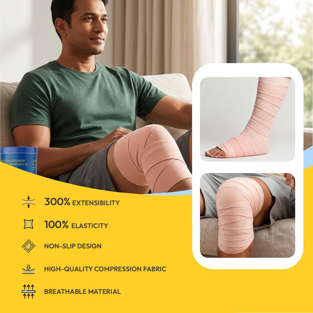 Top Grip Cotton & Rubber Elastic Bandage 15 cm x 4 m (Stretch Length) Pack of 2 | High Compression Crepe Bandage for Sprains, Strains, Sports Injuries, Joint Support & Secure Dressing Retention