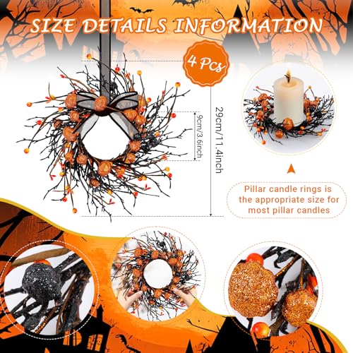 Image of 4 PCS Halloween Candle Rings Wreaths Black Orange Berries & Pumpkin Candle Rings Mini Wreath 3.5 Inch Center for Pillar Candle Halloween Fall Thanksgiving Party Home Table Indoor Decorations