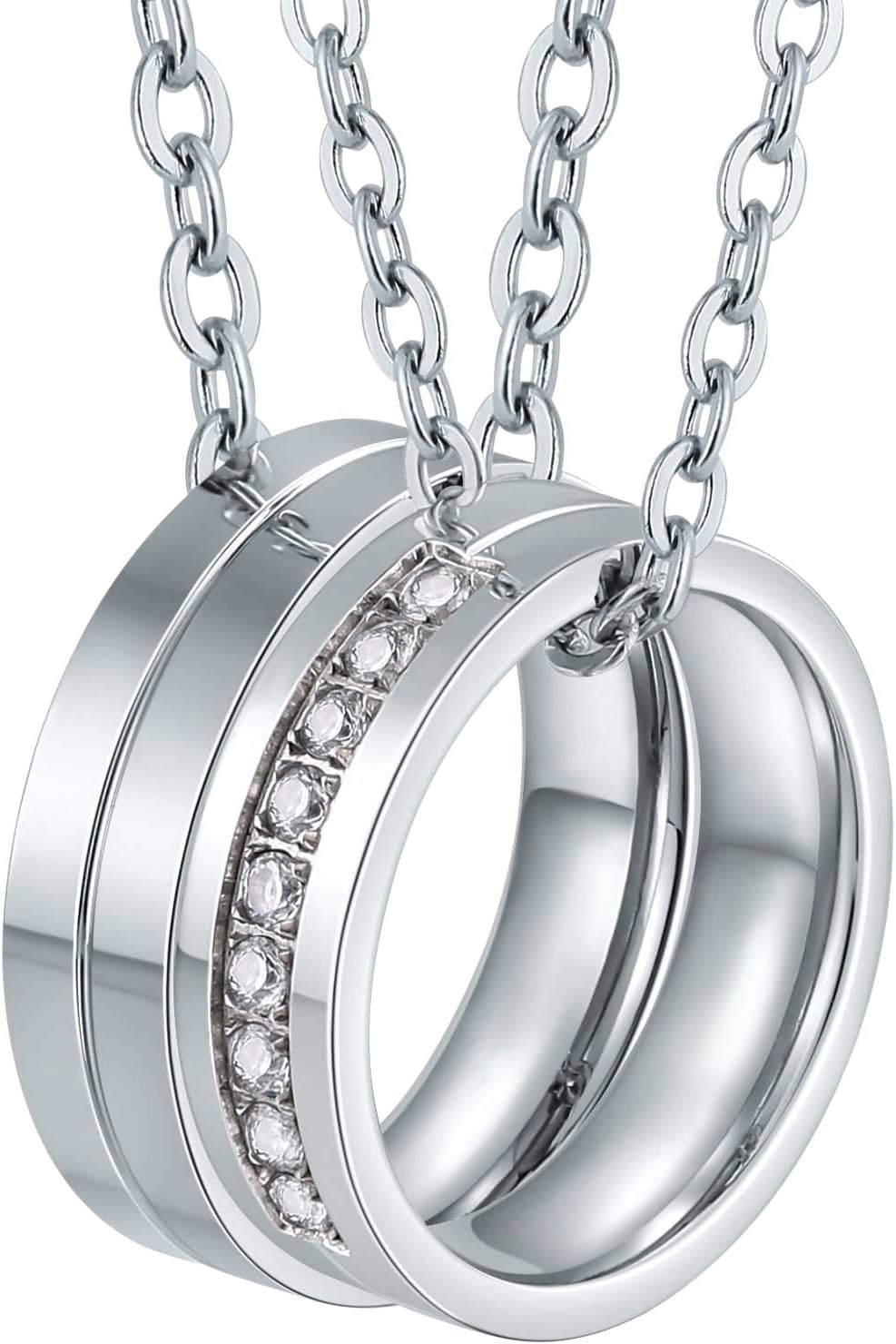 BishilinCouple Necklaces Stainless Steel Partner Necklaces with Desired Engraving, Charms Pendant Rings 6 mm with Zirconia Necklace for Him and Her