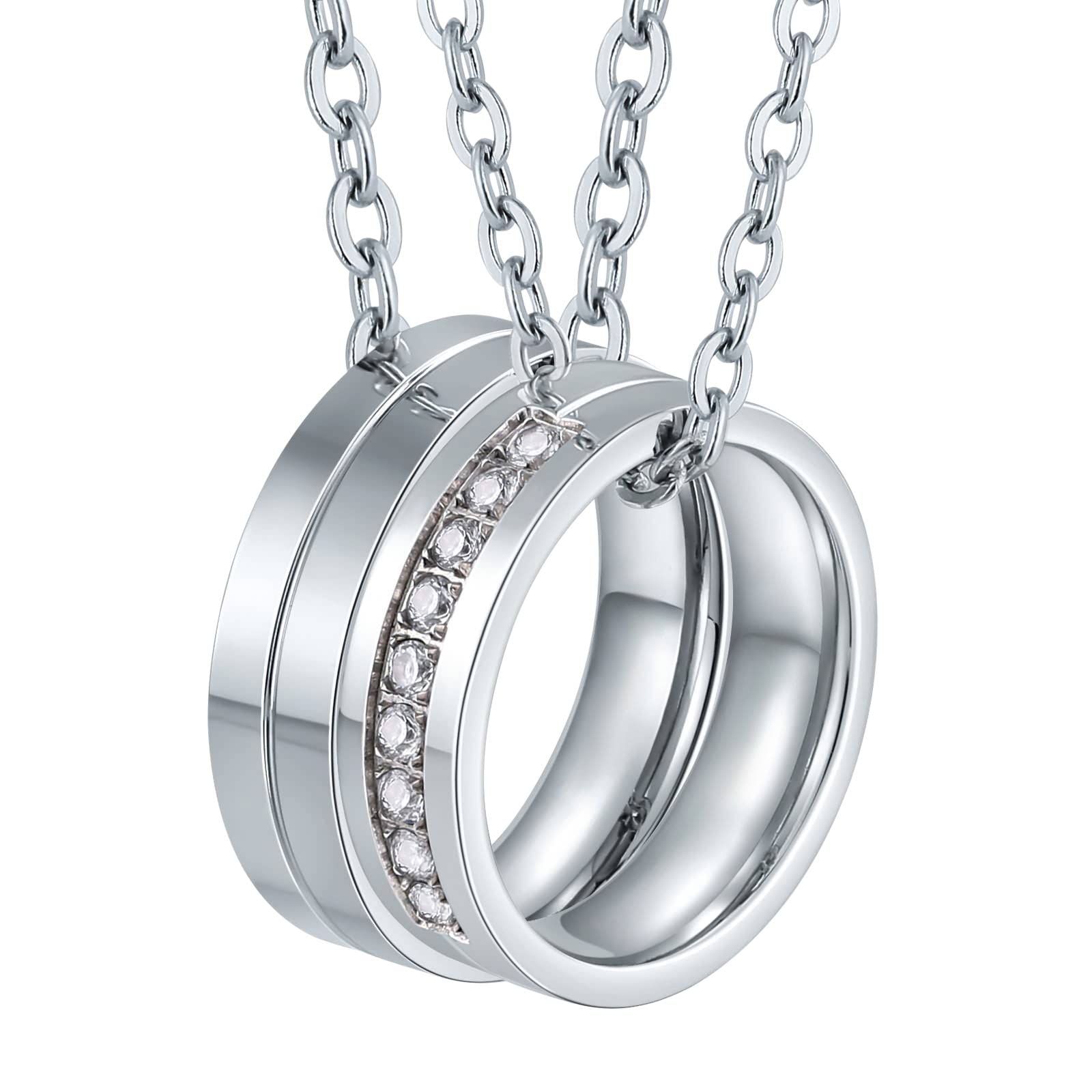 BishilinCouple Necklaces Stainless Steel Partner Necklaces with Desired Engraving, Charms Pendant Rings 6 mm with Zirconia Necklace for Him and Her