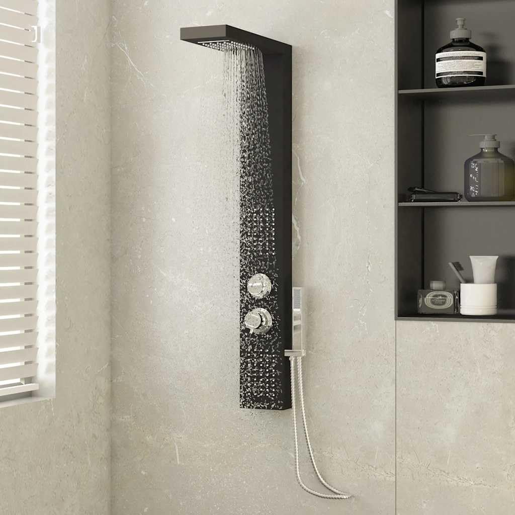 Sistema di pannelli doccia in alluminio nero con soffione, doccetta, getto massaggiante e soffione doccia per doccia e vasca da bagno, 150 ugelli, 1 2 connettori, sensazione di benessere