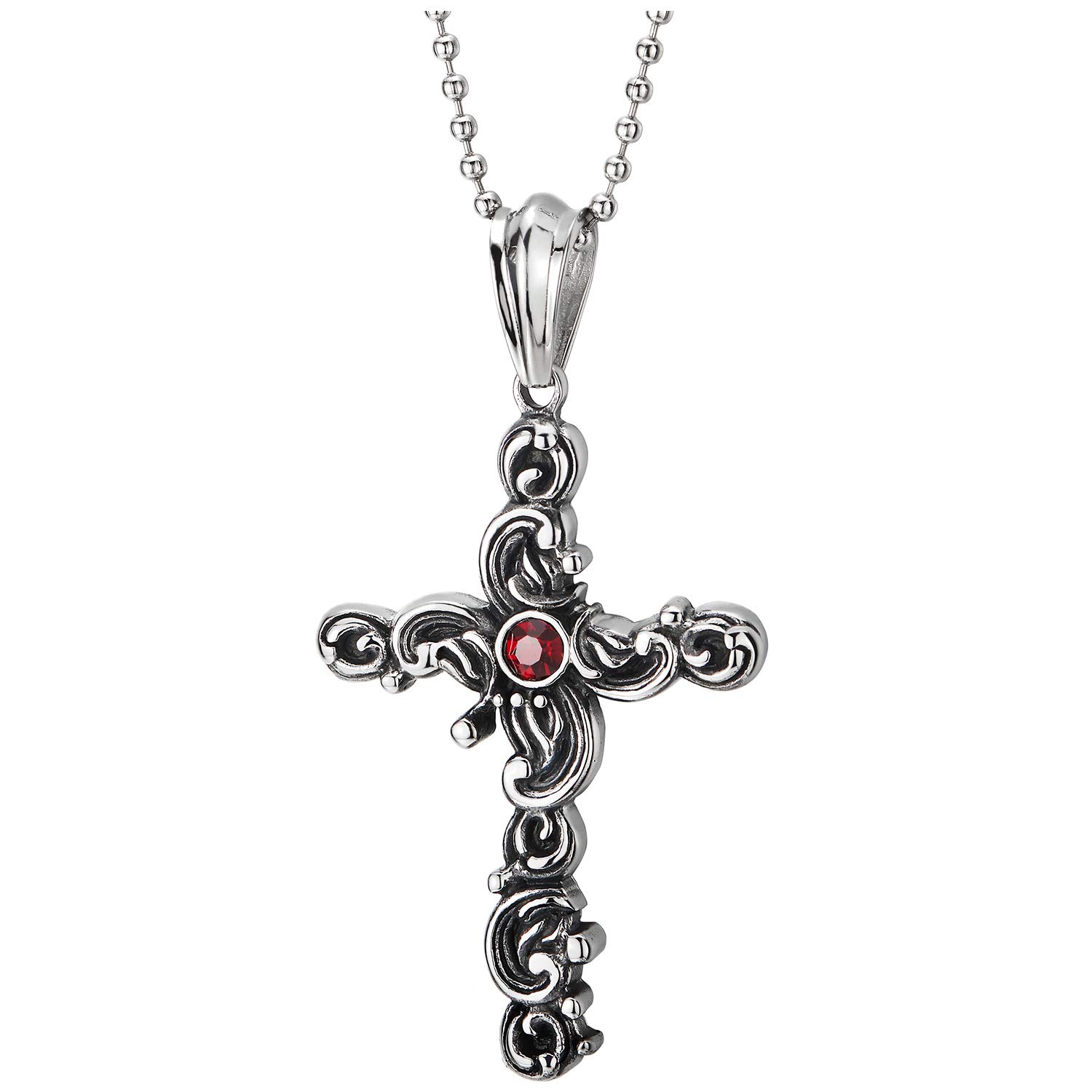 COOLSTEELANDBEYOND Uomo Donna Acciaio Ala di Angelo Croce Pendente Collana con Rosso Zirconi, Annata Croce Ciondolo, Catena del Grano 75cm