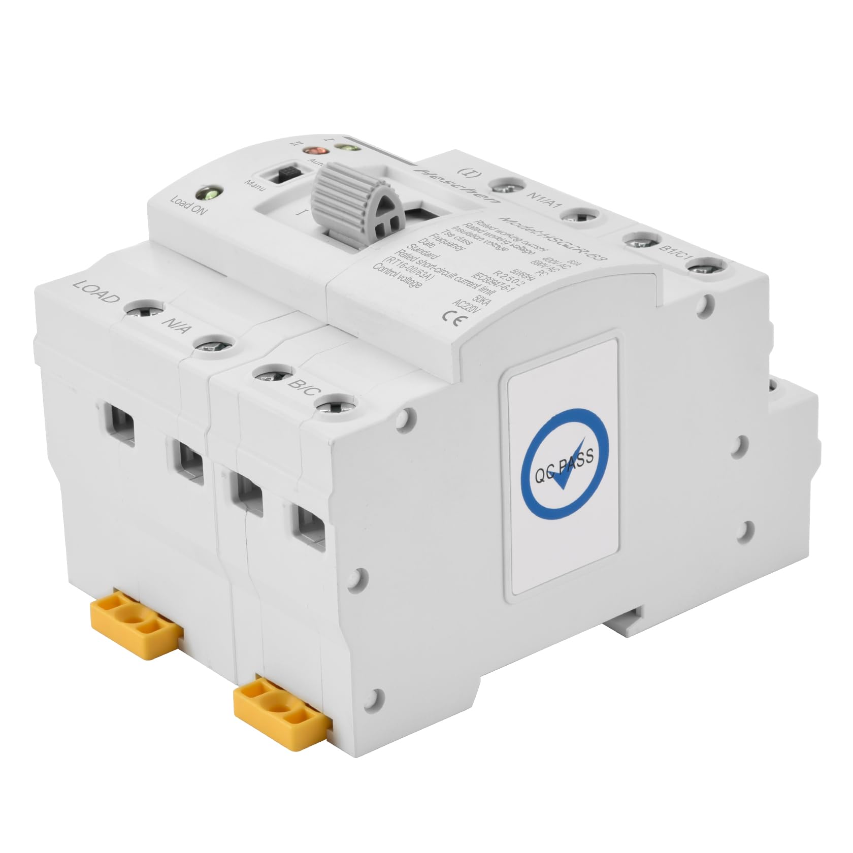 Heschen ATS Dual Power Interruptor de transferencia automática, HSG2R-63, 63 A 400 VAC, clase PC, control de alimentación, interruptor de transferencia ininterrumpido, montaje en carril DIN de 35 mm