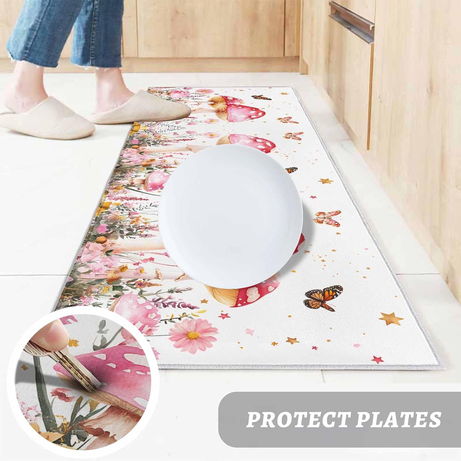 Teamery Kitchen Mats for Floor Pink Mushroom Spring Butterfly Flower Washable Non Slip Kitchen Rugs 1PCS, Farm Plant on White Absorbent Standing Mats for Sink Bathroom Office Living Room 15.7x47.2in