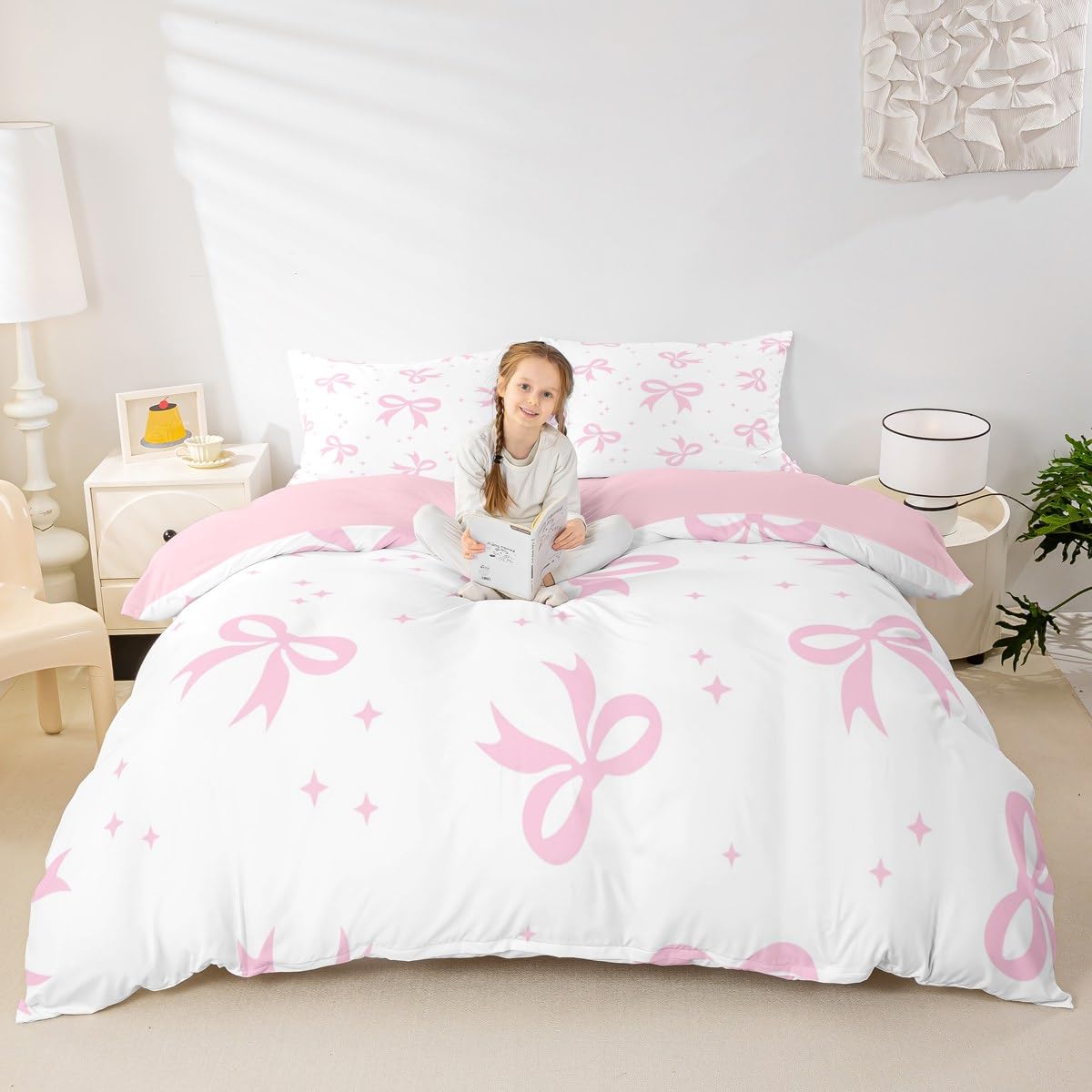Homewish Kawaii Bowknot poszewka na kołdrę, księżniczka kokarda poszewka na kołdrę super king dla dzieci chłopców dziewcząt, kreskówka gwiazdy kokardki zestaw pościeli, fantazyjna kokarda zestaw