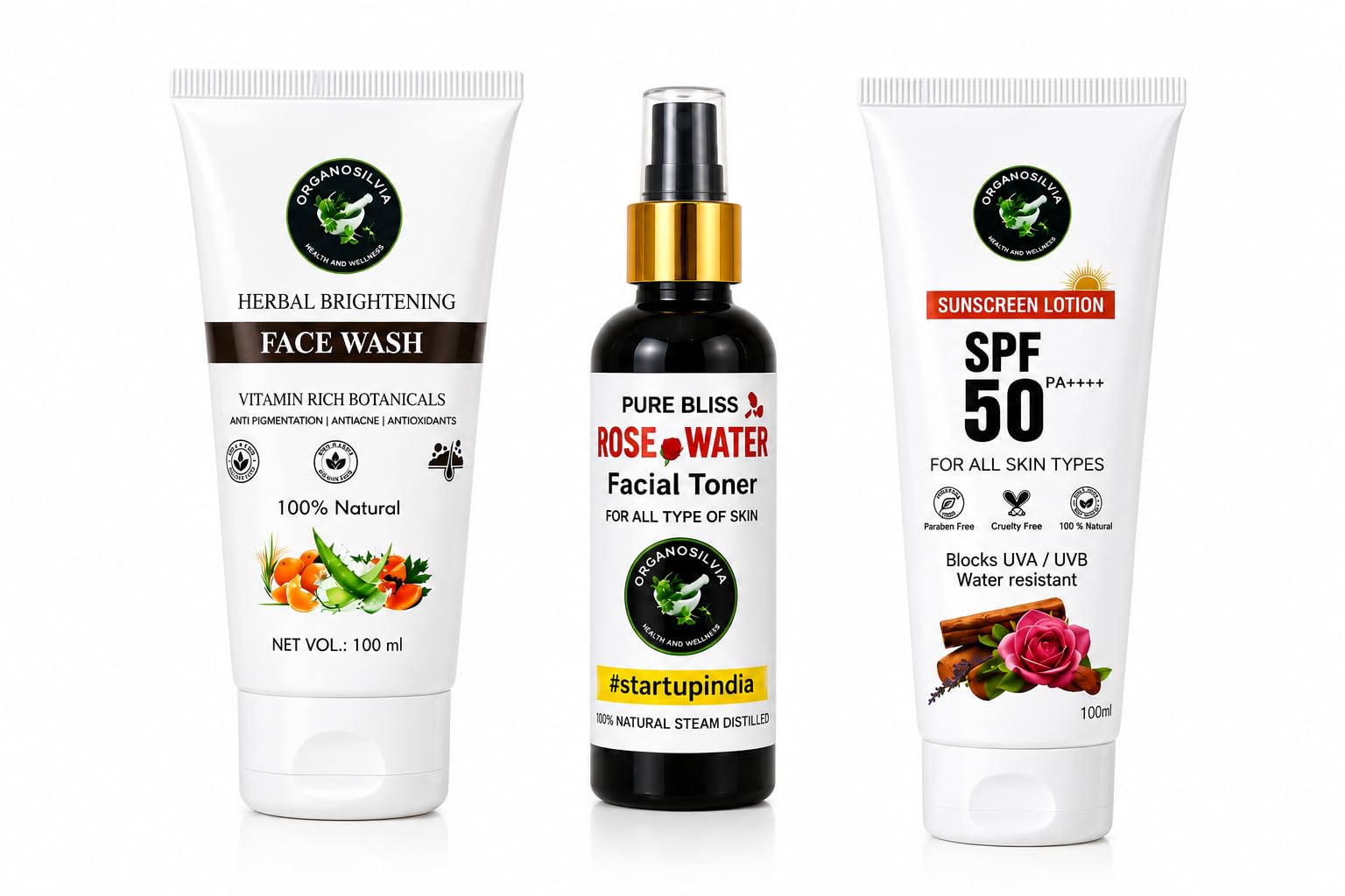 Organosilva Complete Skincare Combo Kit | SPF 50 PA++++ Sunscreen Lotion, Rose Water Facial Toner & Herbal Brightening Face Wash | Natural Daily Skin Care Set for Hydration, Glow & UV Protection
