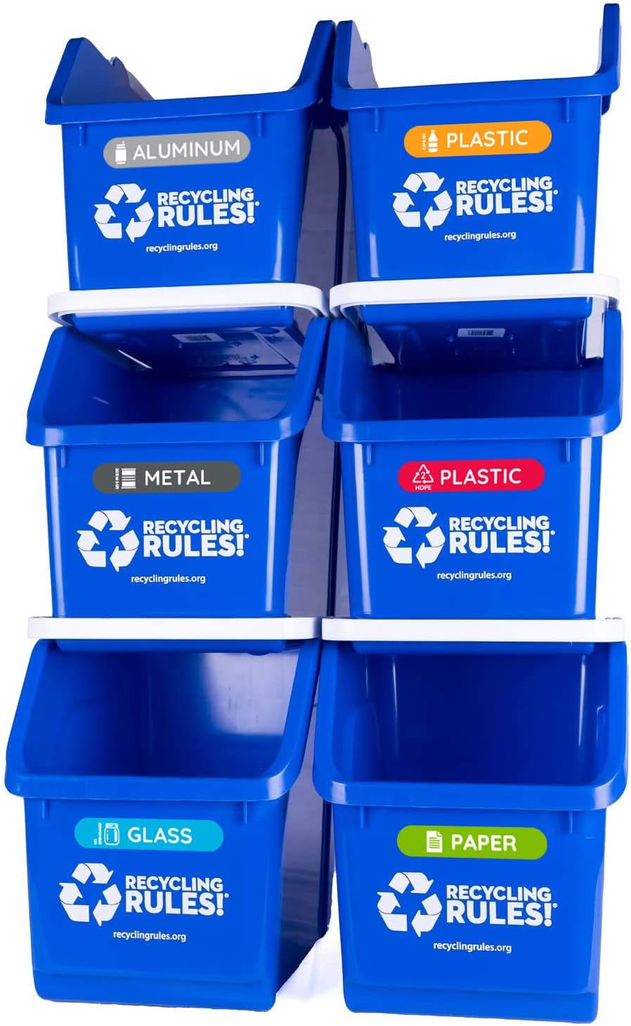 Recycling Rules 6 Gallon Stackable Recycling Bin Container in Blue, Eco-Friendly BPA-Free Handy Recycler with Handle, 6-Pack with Stickers