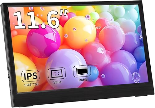Monitor portátil de 11.6 pulgadas, 1366 x 768 HD IPS pequeña pantalla HDMI, Dual USB-C, pantalla externa de baja potencia para computadora portátil,