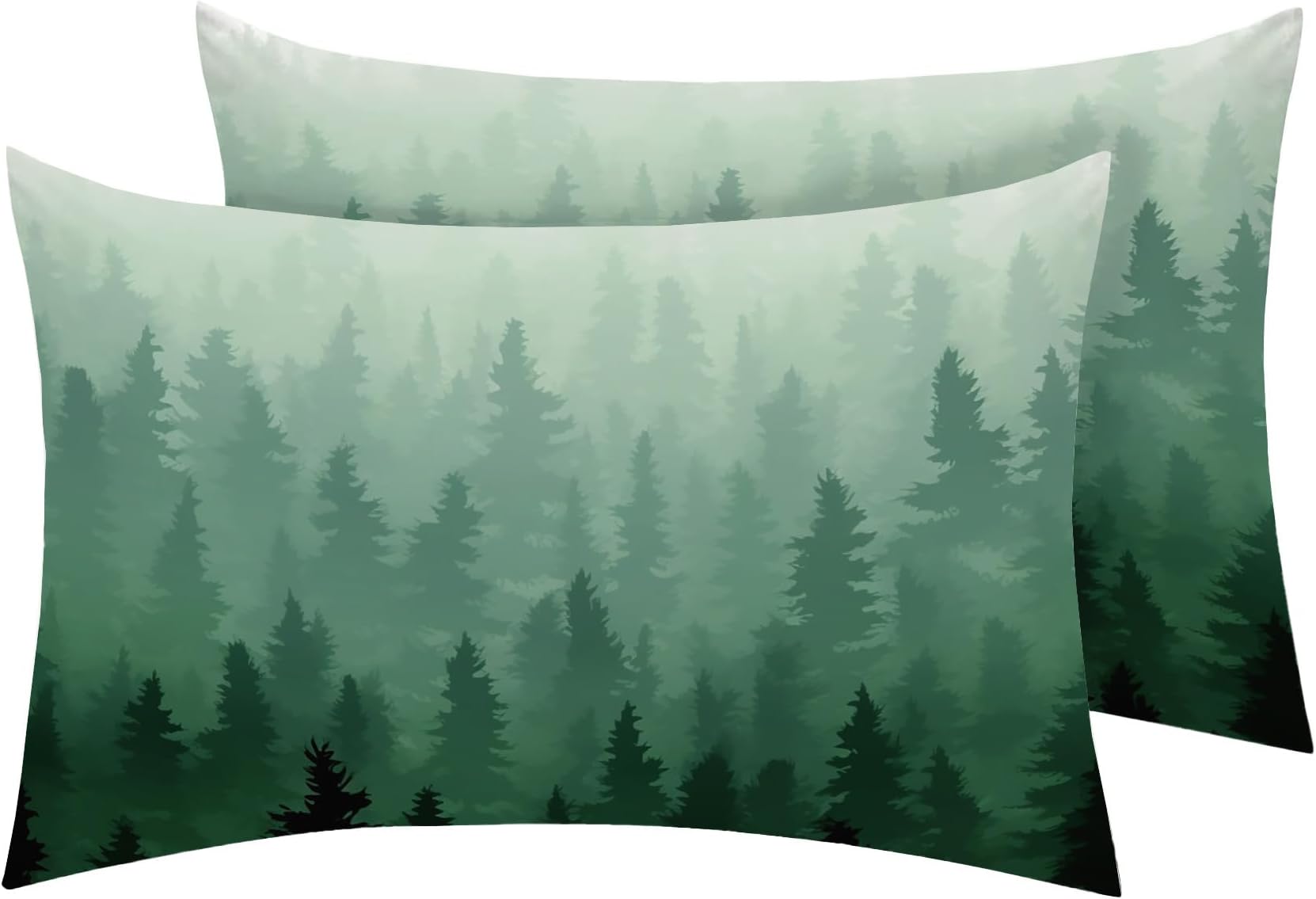 Forest Pillow Cases Standard Size Set of 2 - Soft Breathable Microfiber Pillowcases with Envelope Closure, Green Tree Watercolor Patterned Pillow Covers, Forest Decor